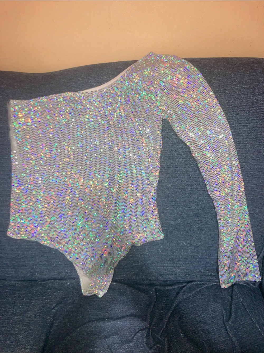 Womens Silver Holographic Sequin Long-Sleeve, 1 sleeve Bodysuit
